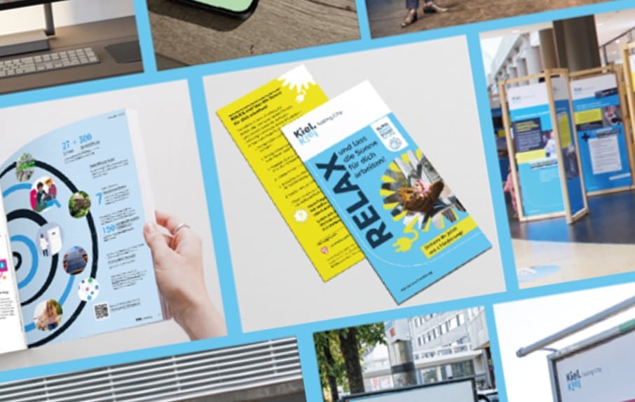 Collage aus Kampagnenmaterial der Landeshauptstadt Kiel: Broschüre, Flyer und Ausstellungstafeln