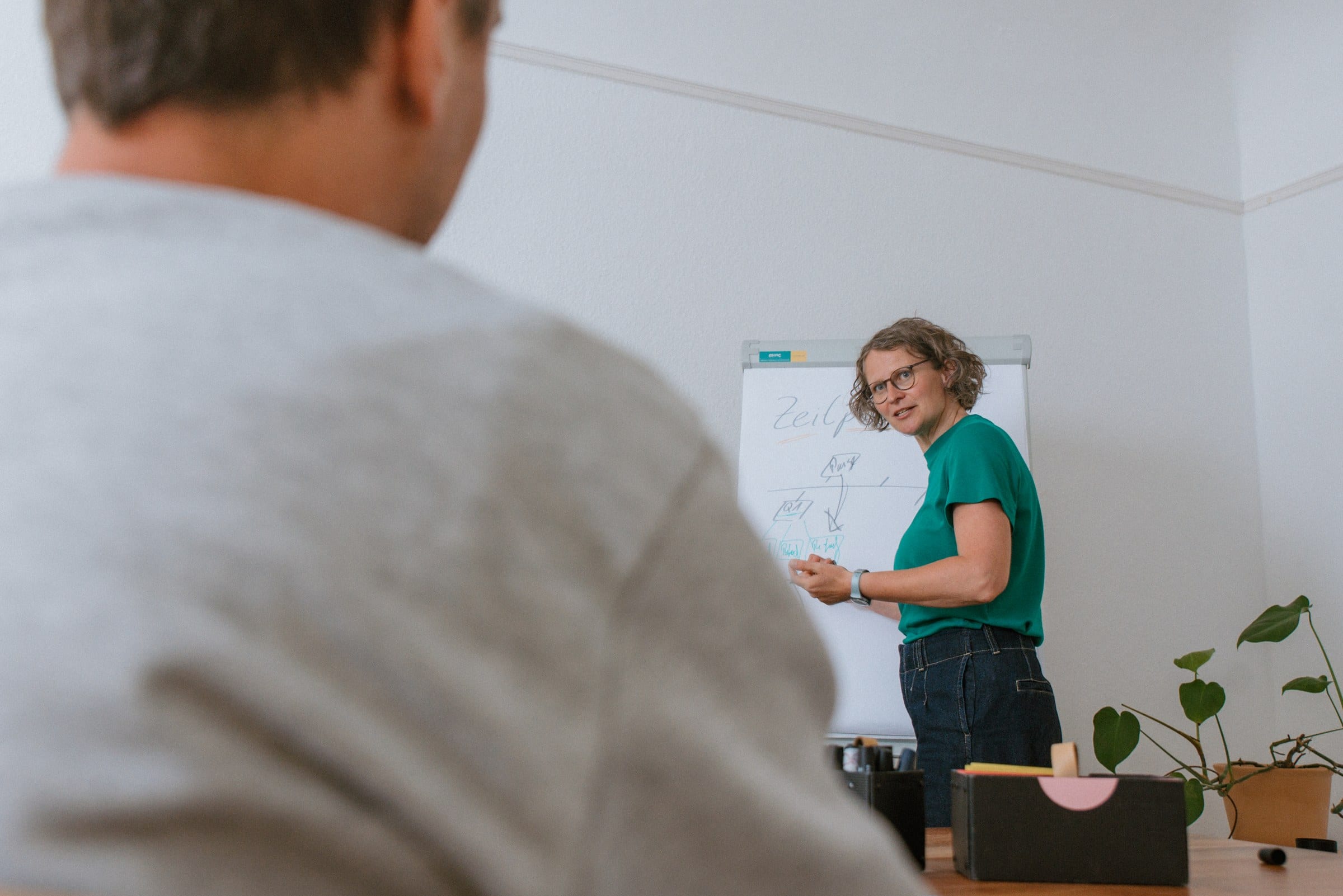 Eva erklärt in einem Workshop etwas am Flipchart, im Vordergrund ein Teilnehmer